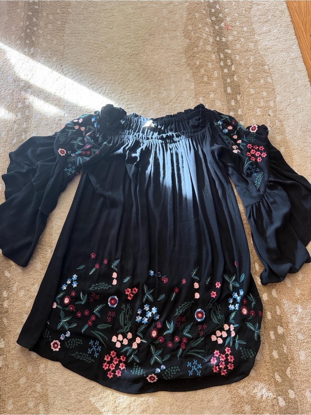 Umgee Black Off-Shoulder Long Sleeve Dress with Floral Embroidery